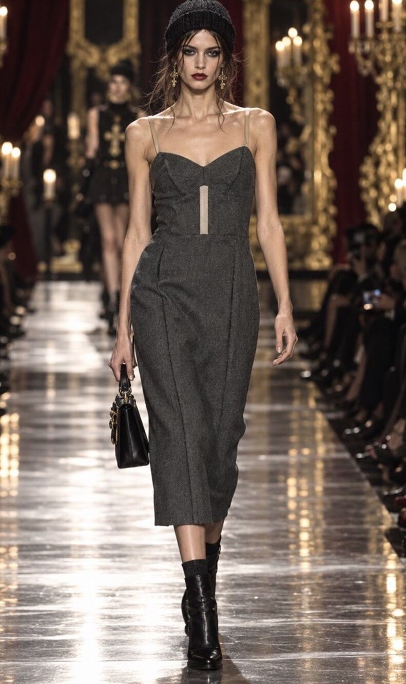 Dolce & Gabbana Runway Corset Herringbone Dress 2000 Y2K 44